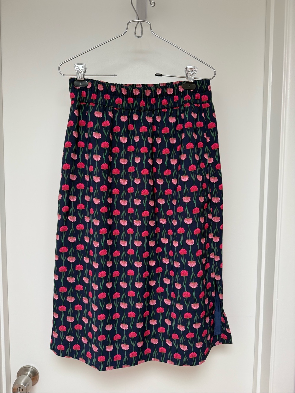 NWT J. Crew Navy Midi Skirt with Pink Floral Print